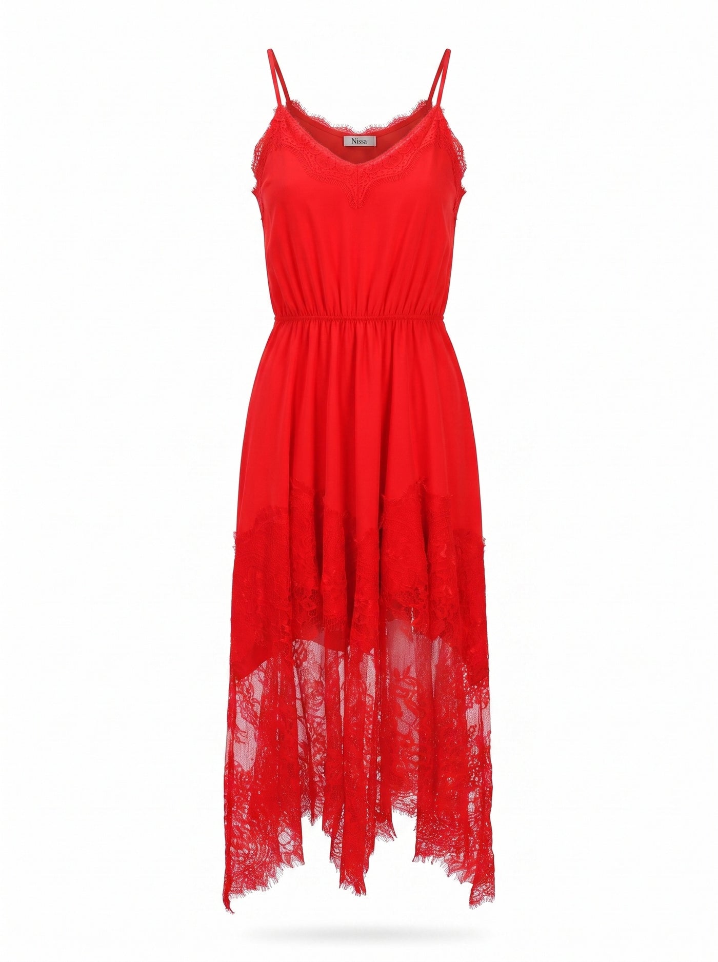 LACE-TRIMMED SILK MIDI DRESS WITH GATHERED WAIST