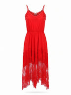 LACE-TRIMMED SILK MIDI DRESS WITH GATHERED WAIST