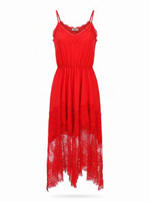 LACE-TRIMMED SILK MIDI DRESS WITH GATHERED WAIST