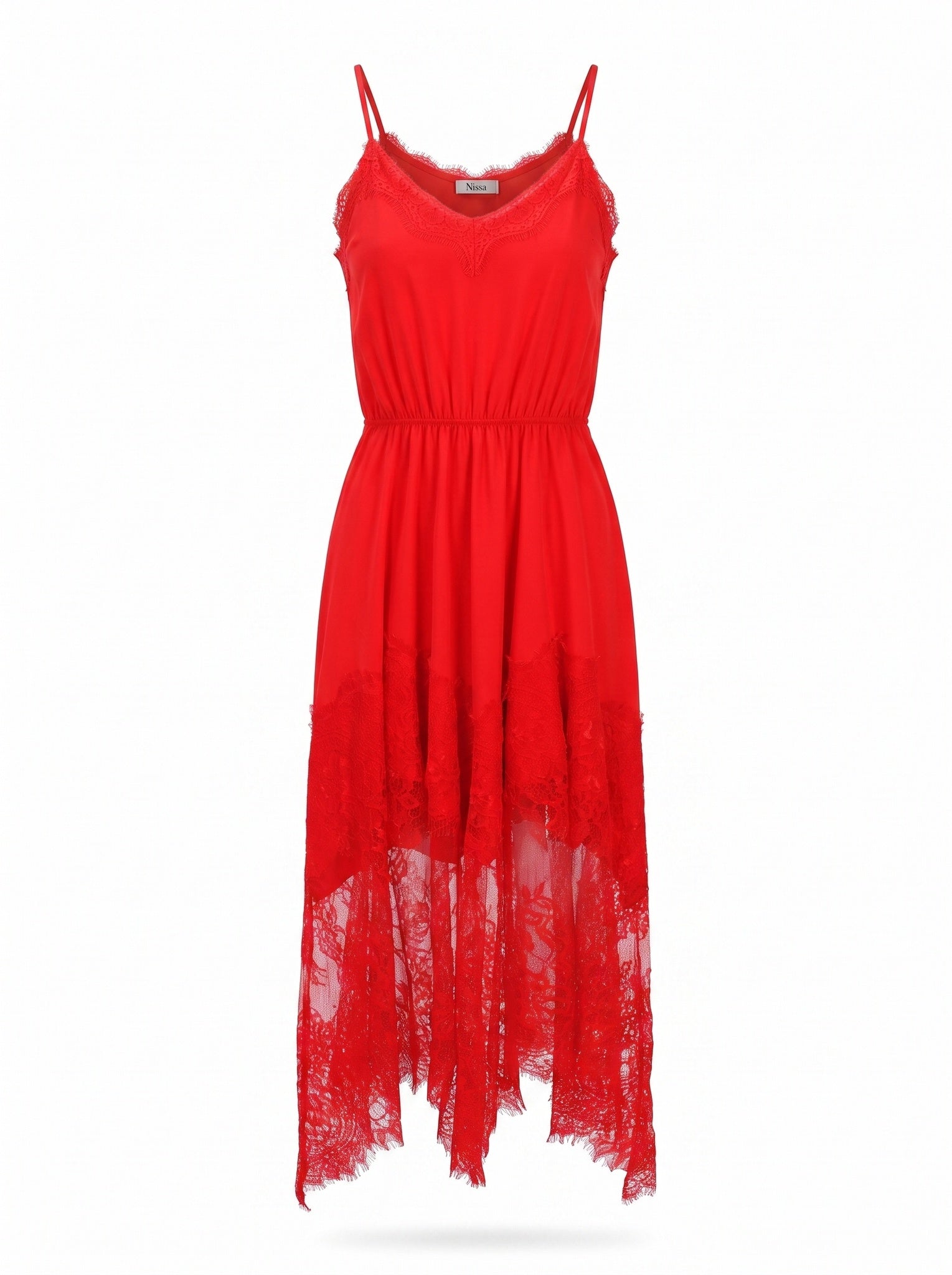 LACE-TRIMMED SILK MIDI DRESS WITH GATHERED WAIST