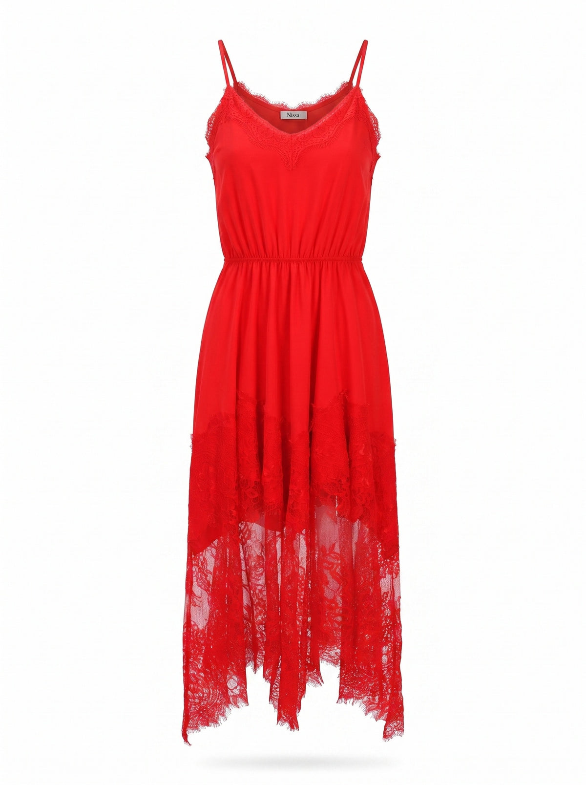 LACE-TRIMMED SILK MIDI DRESS WITH GATHERED WAIST