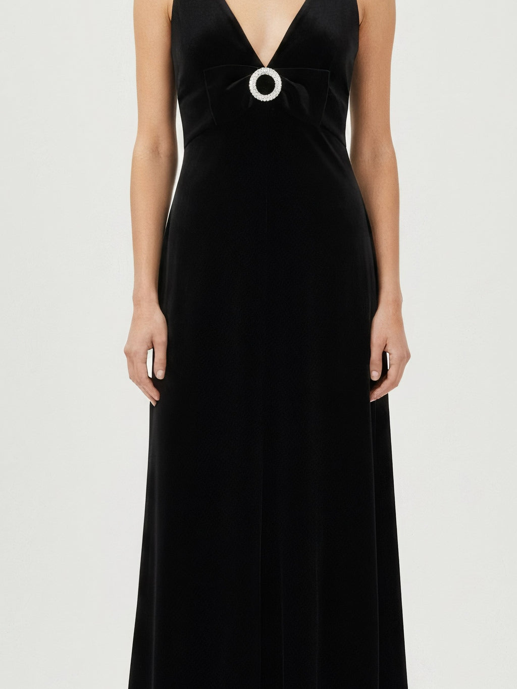 CRYSTAL-BUCKLE VELVET MAXI DRESS