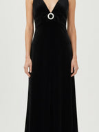 CRYSTAL-BUCKLE VELVET MAXI DRESS