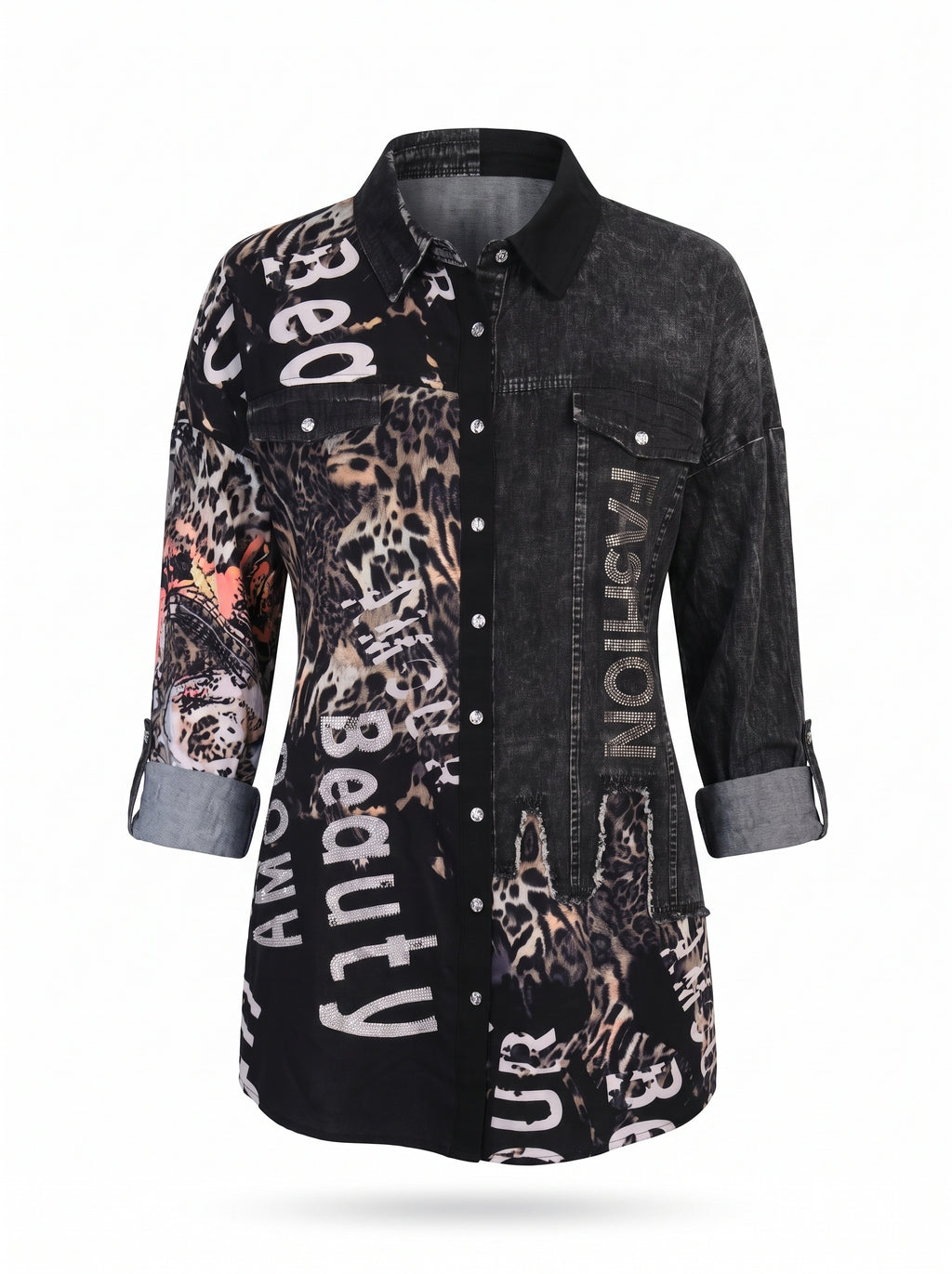 LEOPARD SLOGAN PRINT DENIM SHIRT