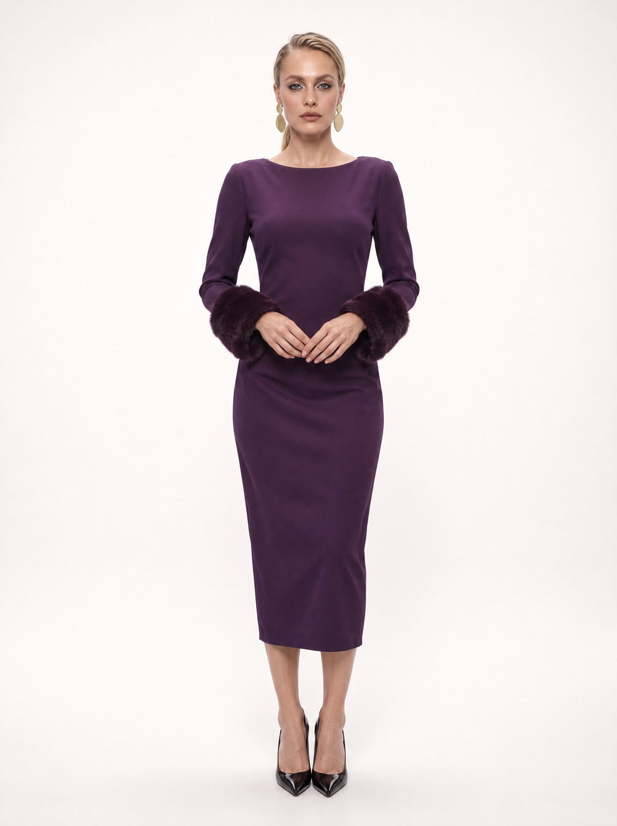 FAUX FUR CUFF FITTED MIDI DRESS