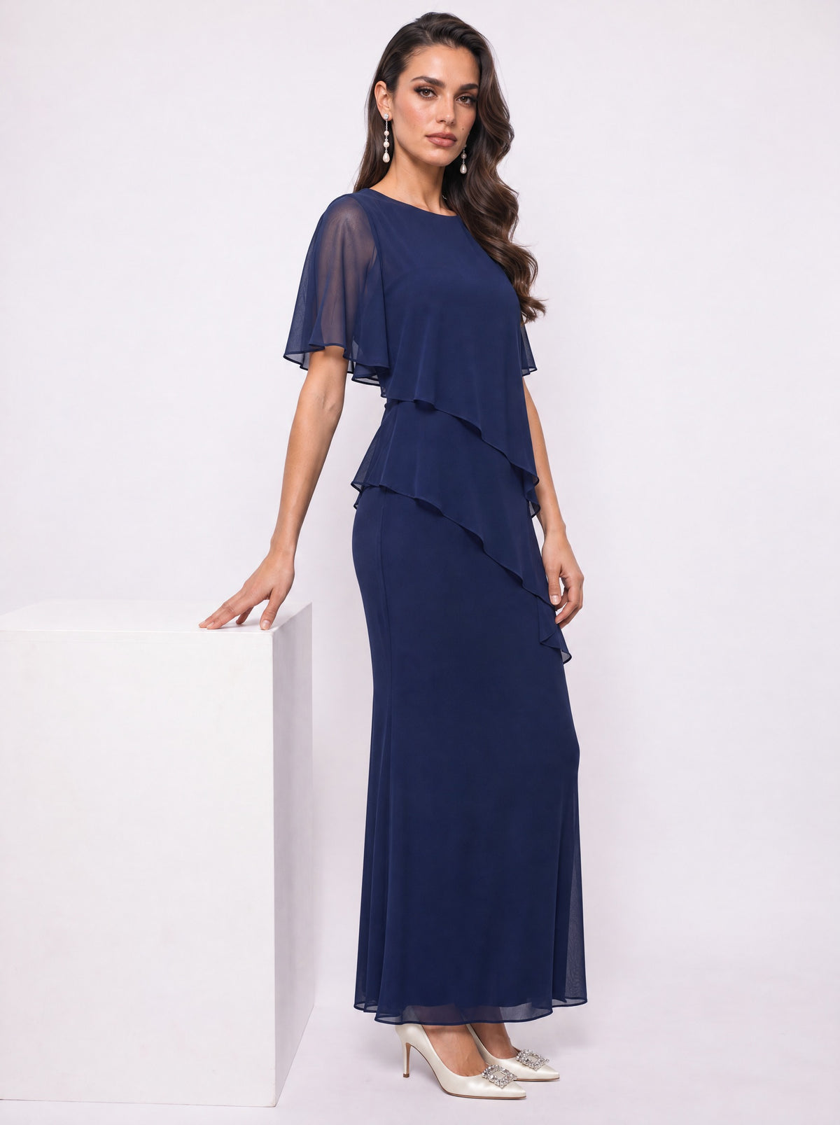 TIERED CHIFFON FLUTTER-SLEEVE MAXI DRESS