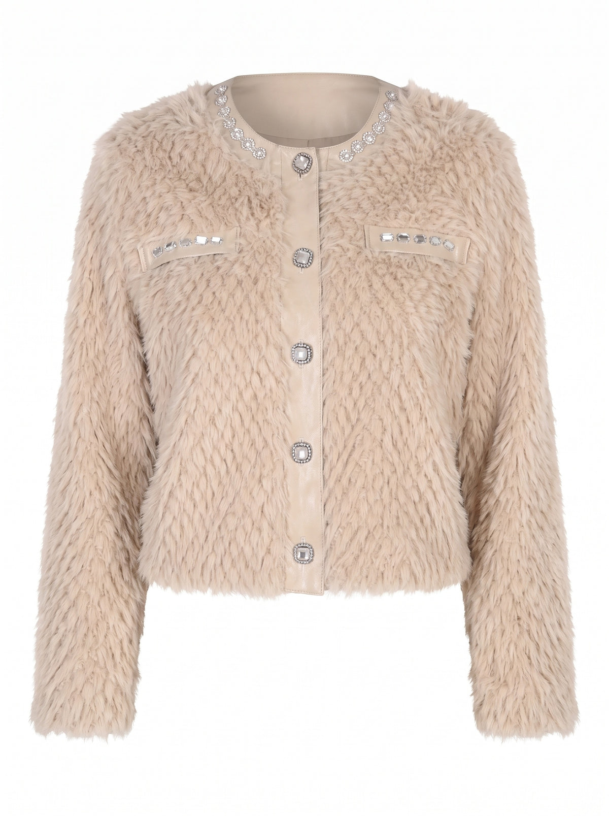 CRYSTAL-TRIMMED FAUX FUR CROPPED JACKET