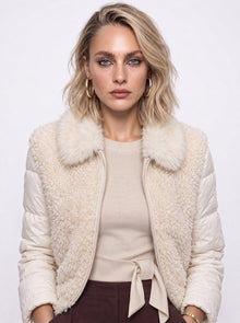 FAUX FUR COLLAR SHEARLING PUFFER JACKET