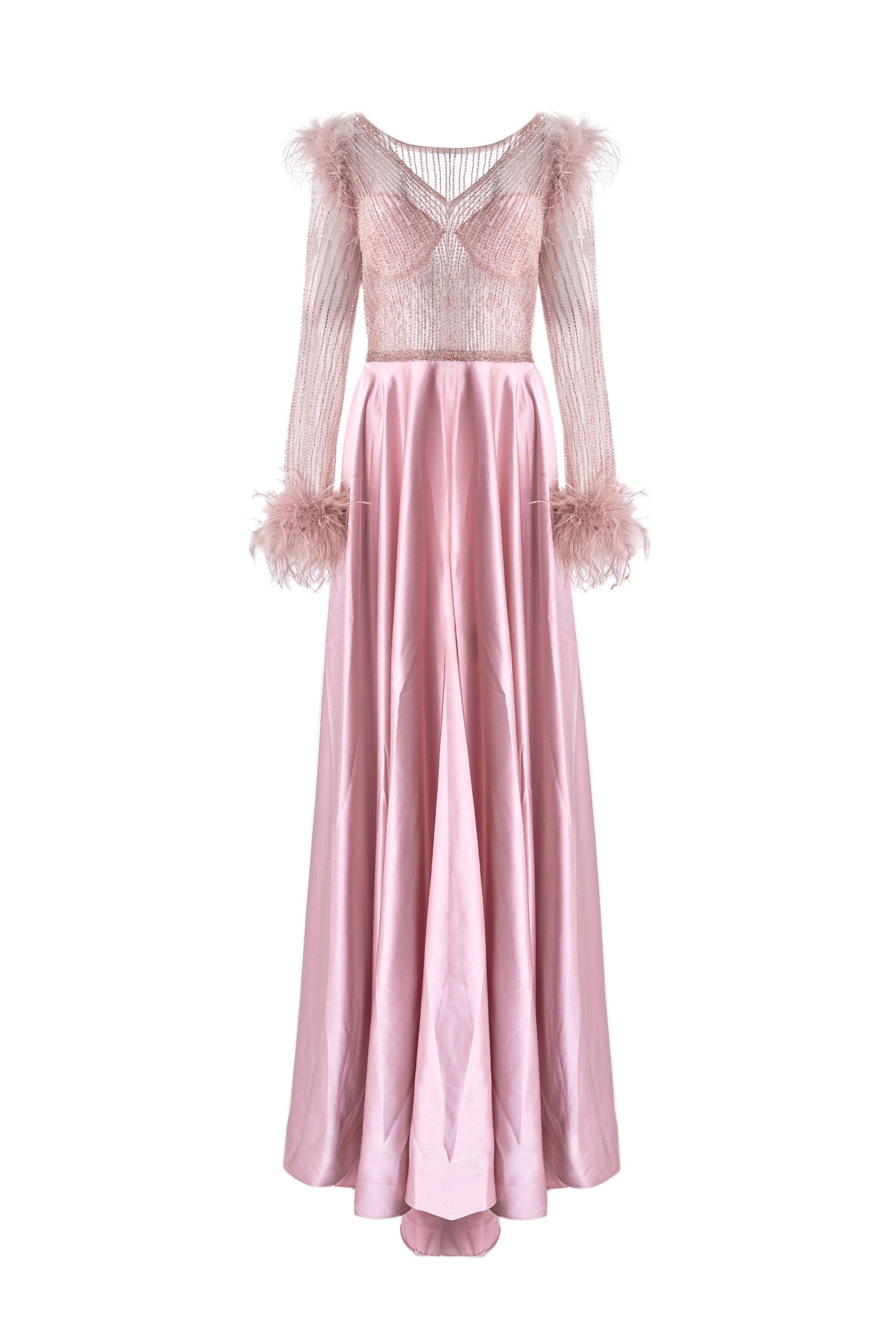 FEATHER TRIM SATIN GOWN