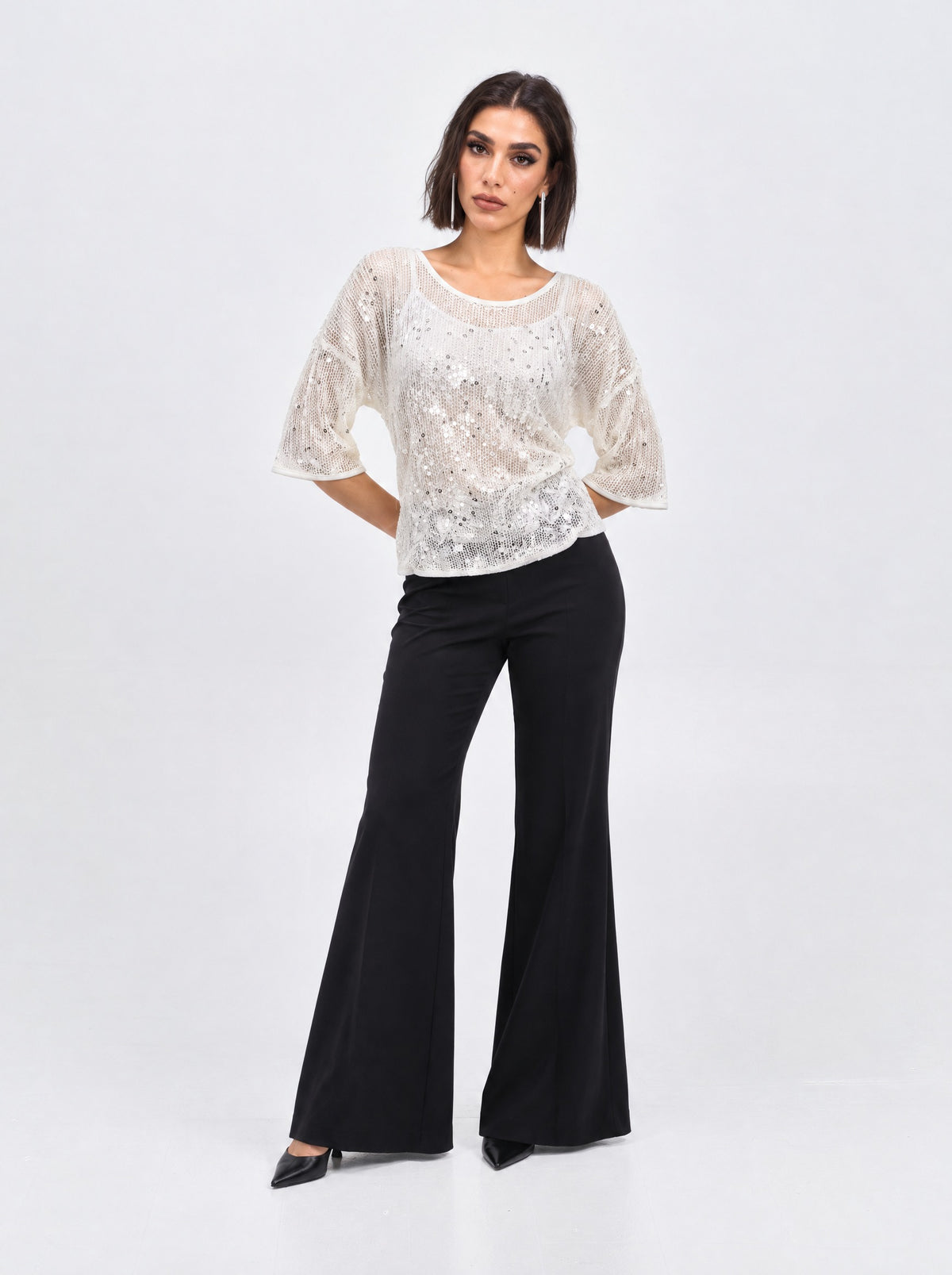 SEQUIN MESH SCOOP-NECK TOP