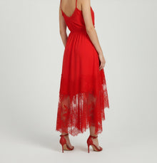 LACE-TRIMMED SILK MIDI DRESS WITH GATHERED WAIST