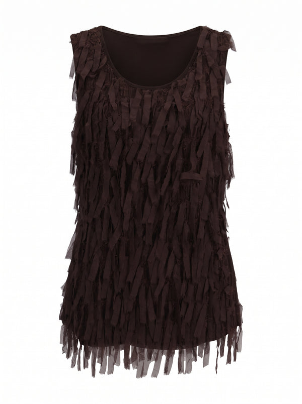 RIBBON FRINGE SLEEVELESS SCOOP TOP