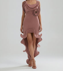 DRAPED SATIN COWL GOWN WITH SCULPTURAL RUFFLE TRAIN