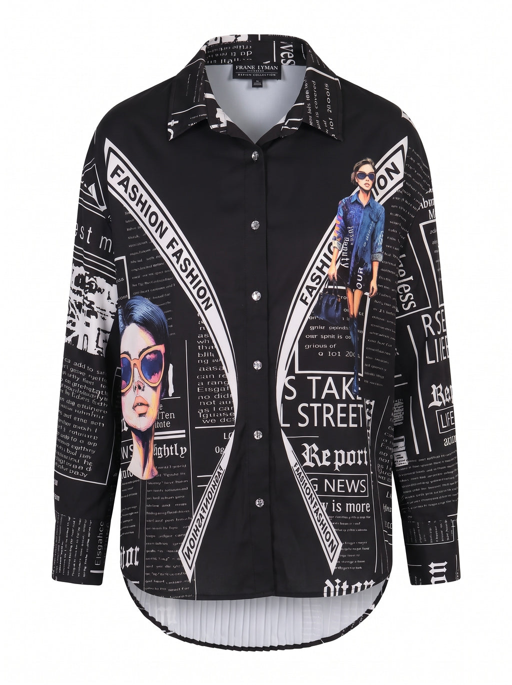 NEWSPAPER PRINT HIGH-LOW POPLIN SHIRT