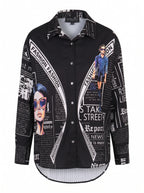 NEWSPAPER PRINT HIGH-LOW POPLIN SHIRT