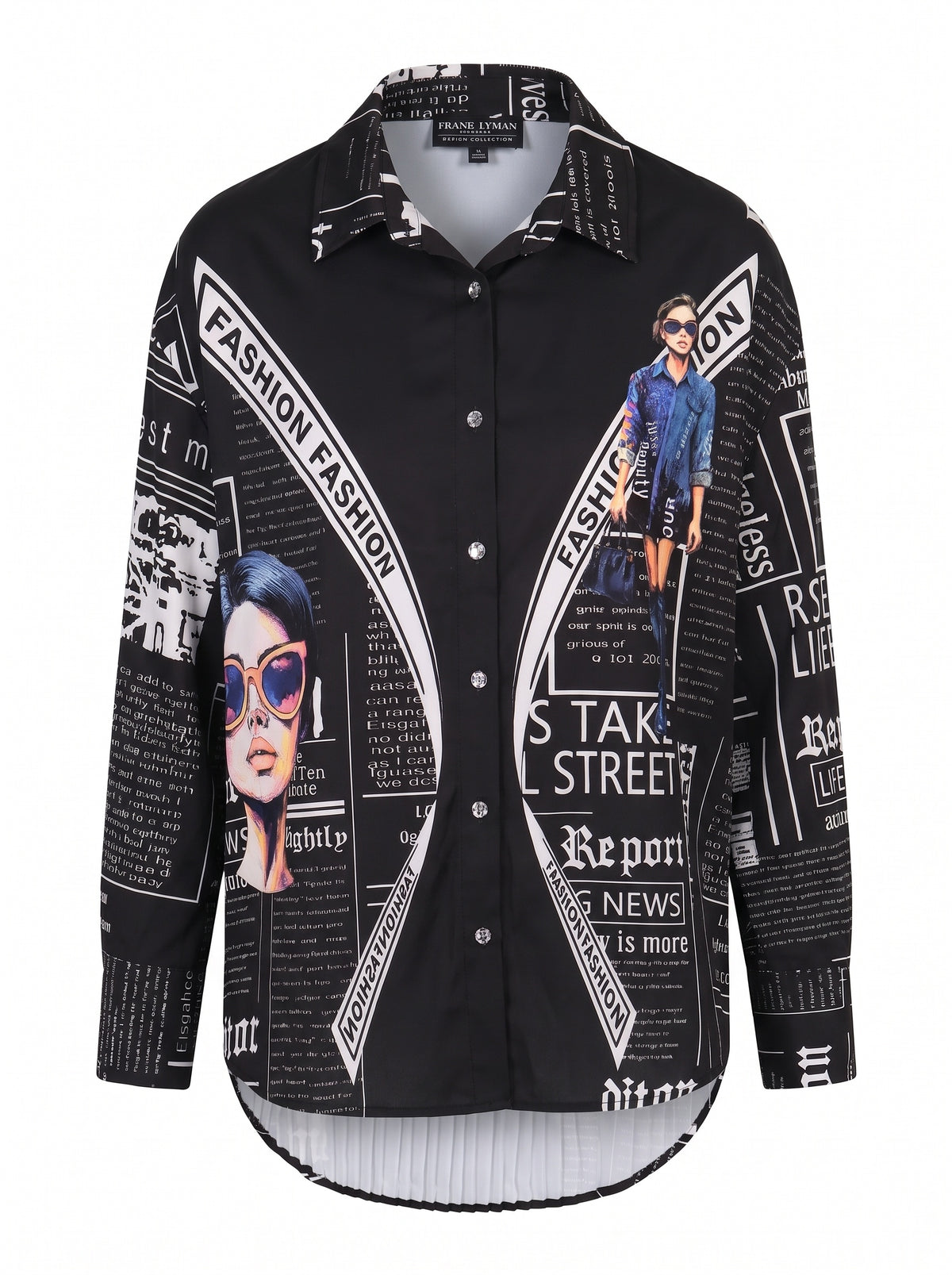 NEWSPAPER PRINT HIGH-LOW POPLIN SHIRT