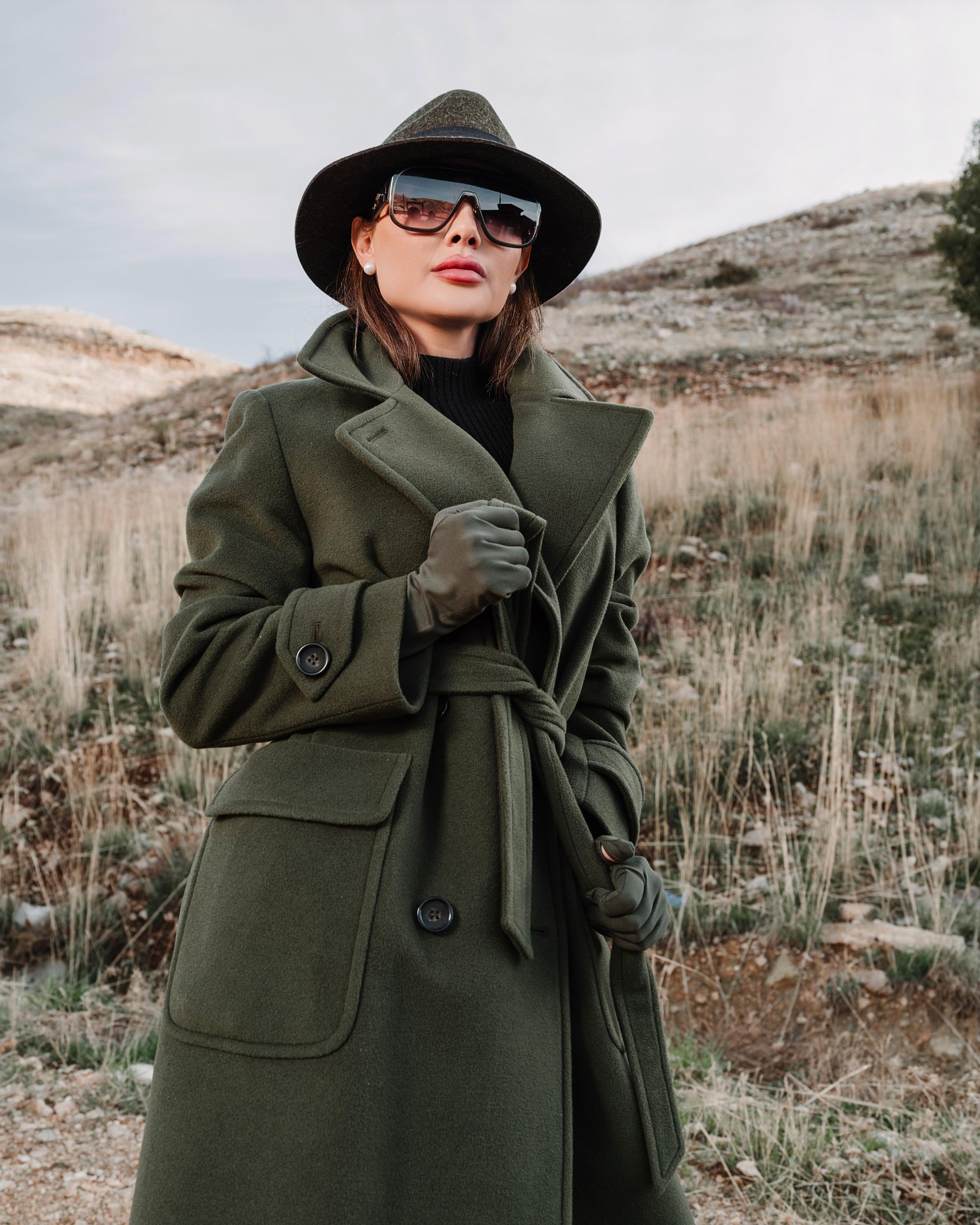 Green Double Breasted Long Belted Coat