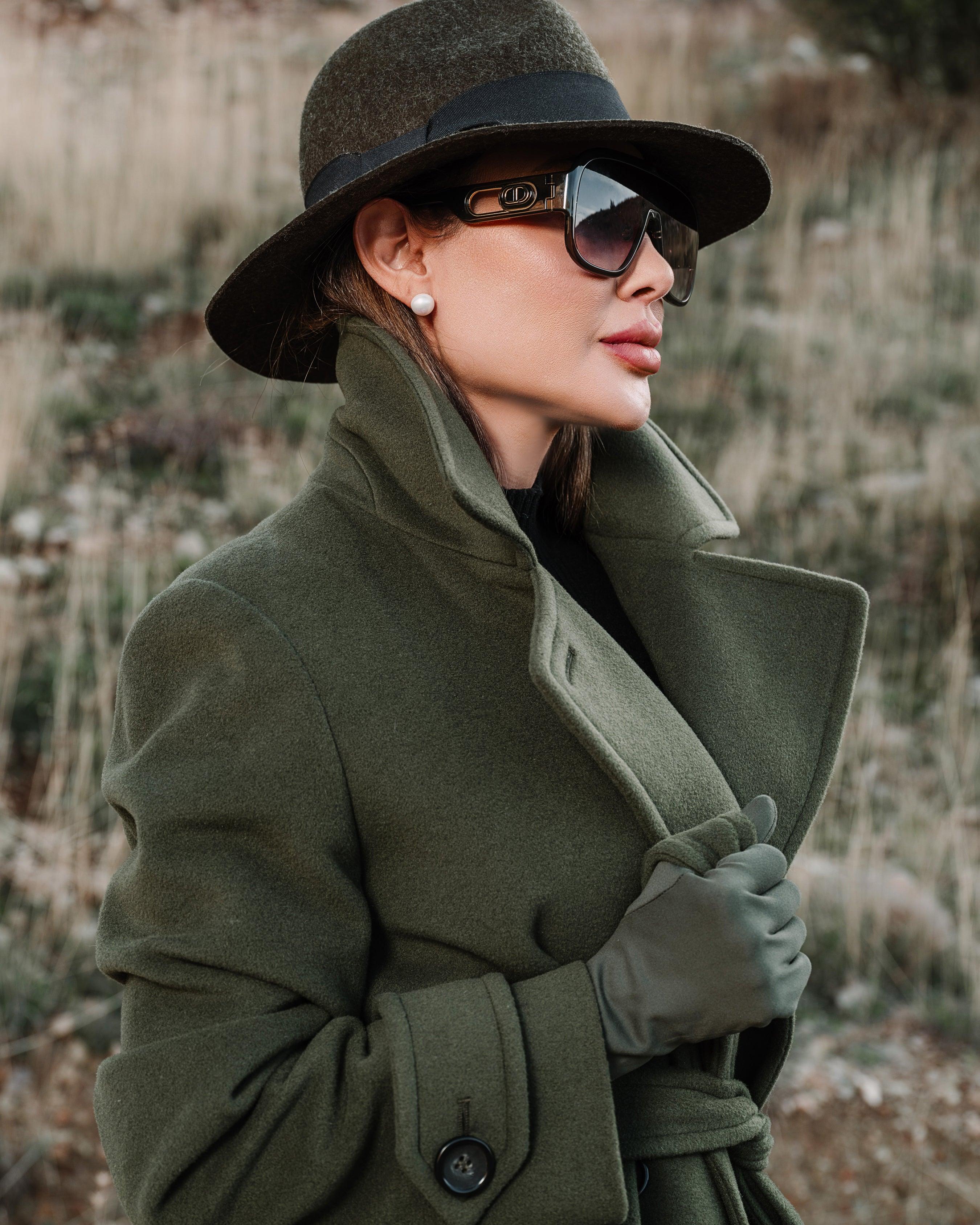 Green Double Breasted Long Belted Coat