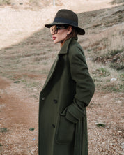 Green Double Breasted Long Belted Coat