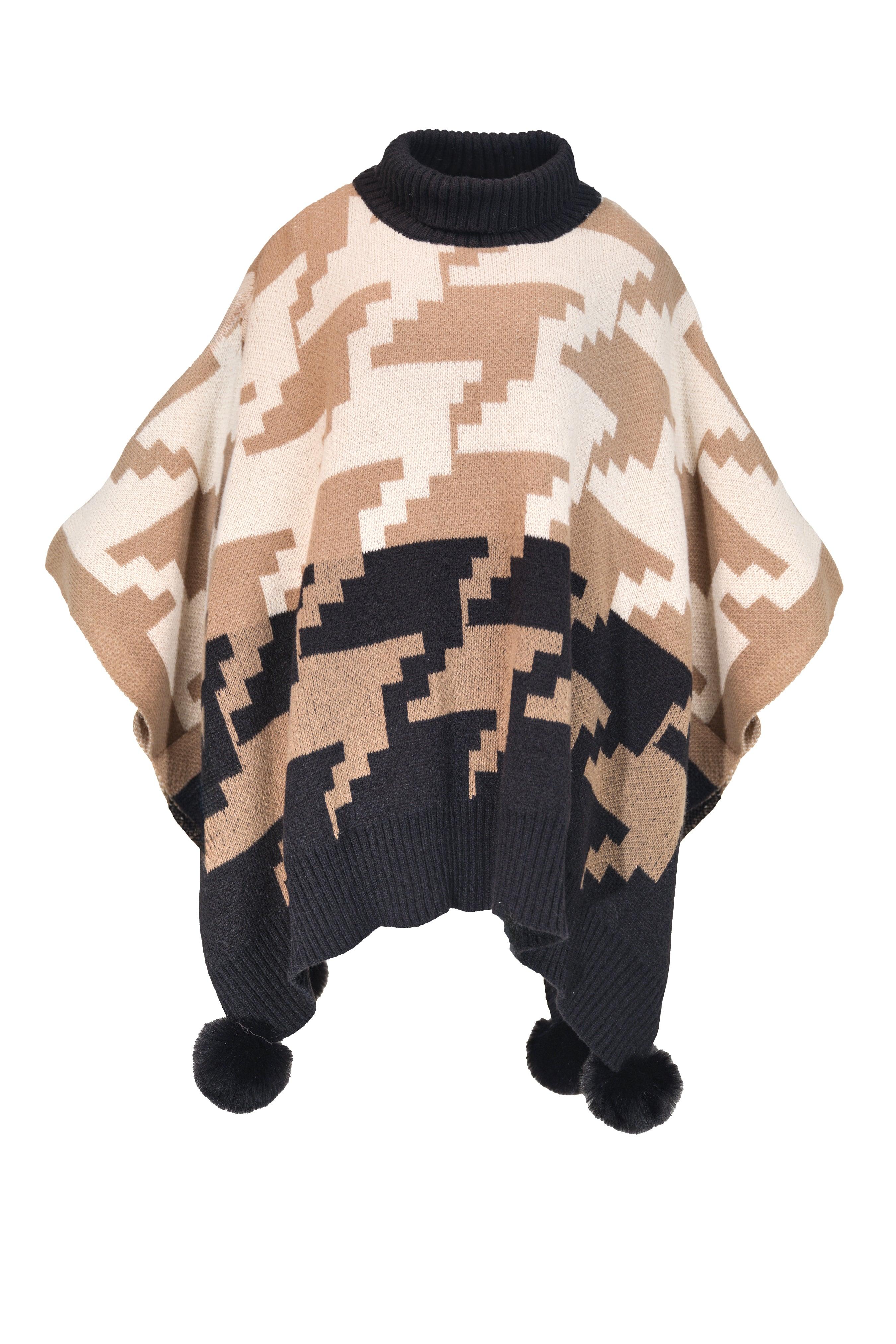 PATTERNED KNIT CAPE WITH POMPONS