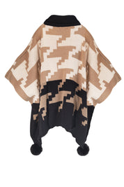 PATTERNED KNIT CAPE WITH POMPONS