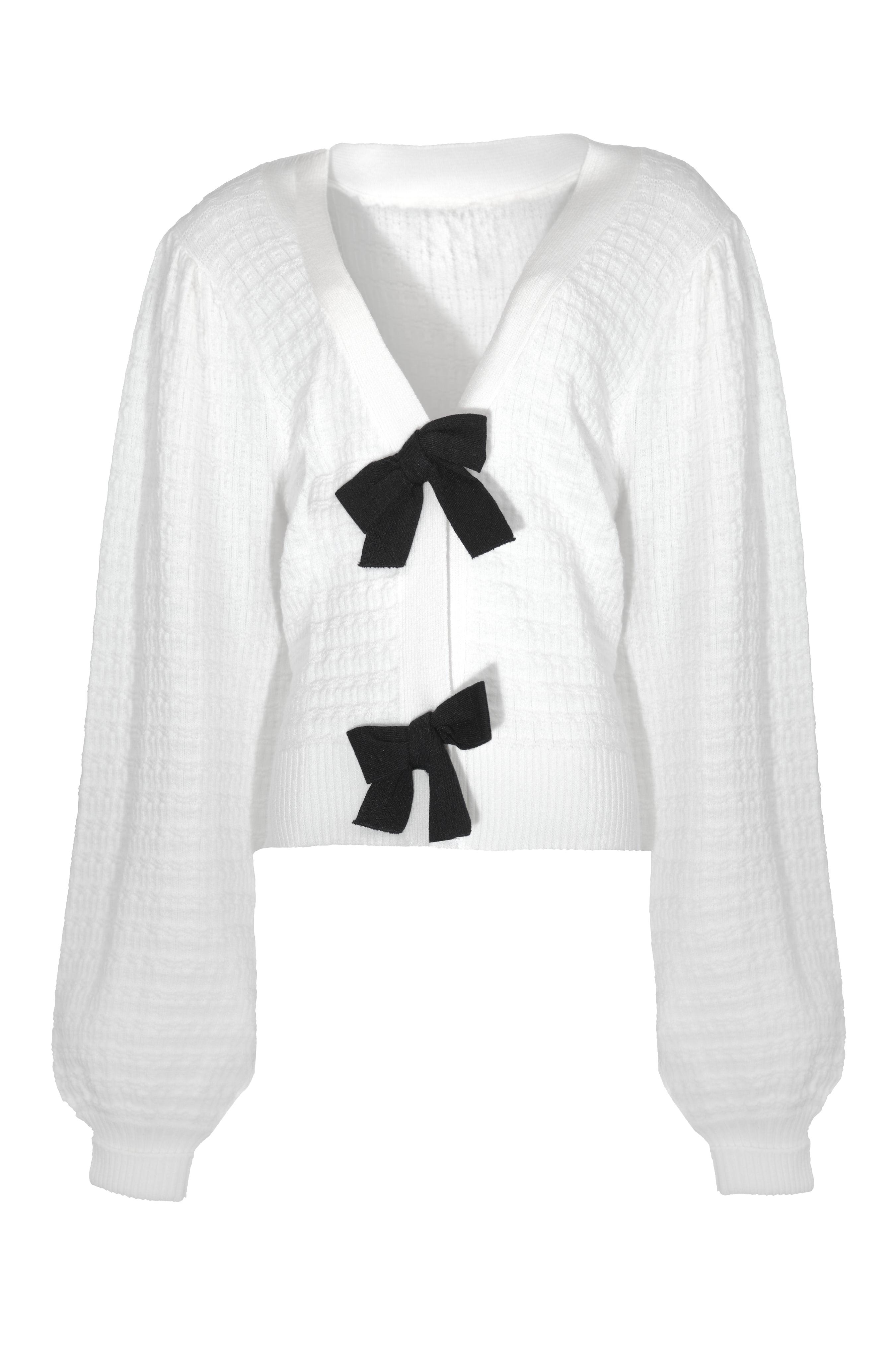 WHITE CARDIGAN WITH BLACK BOWS