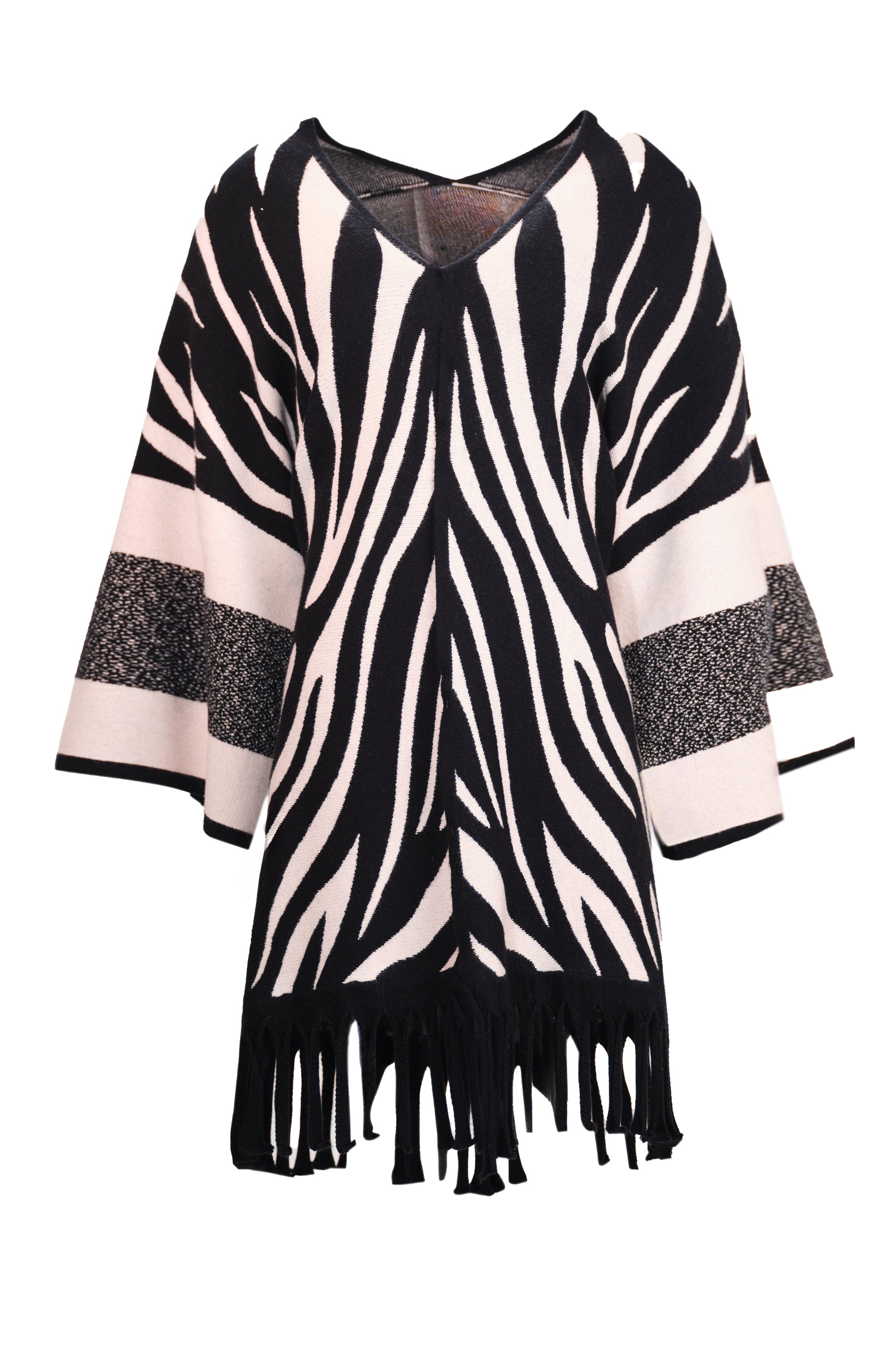 ZEBRA PRINT FRINGED CAPE