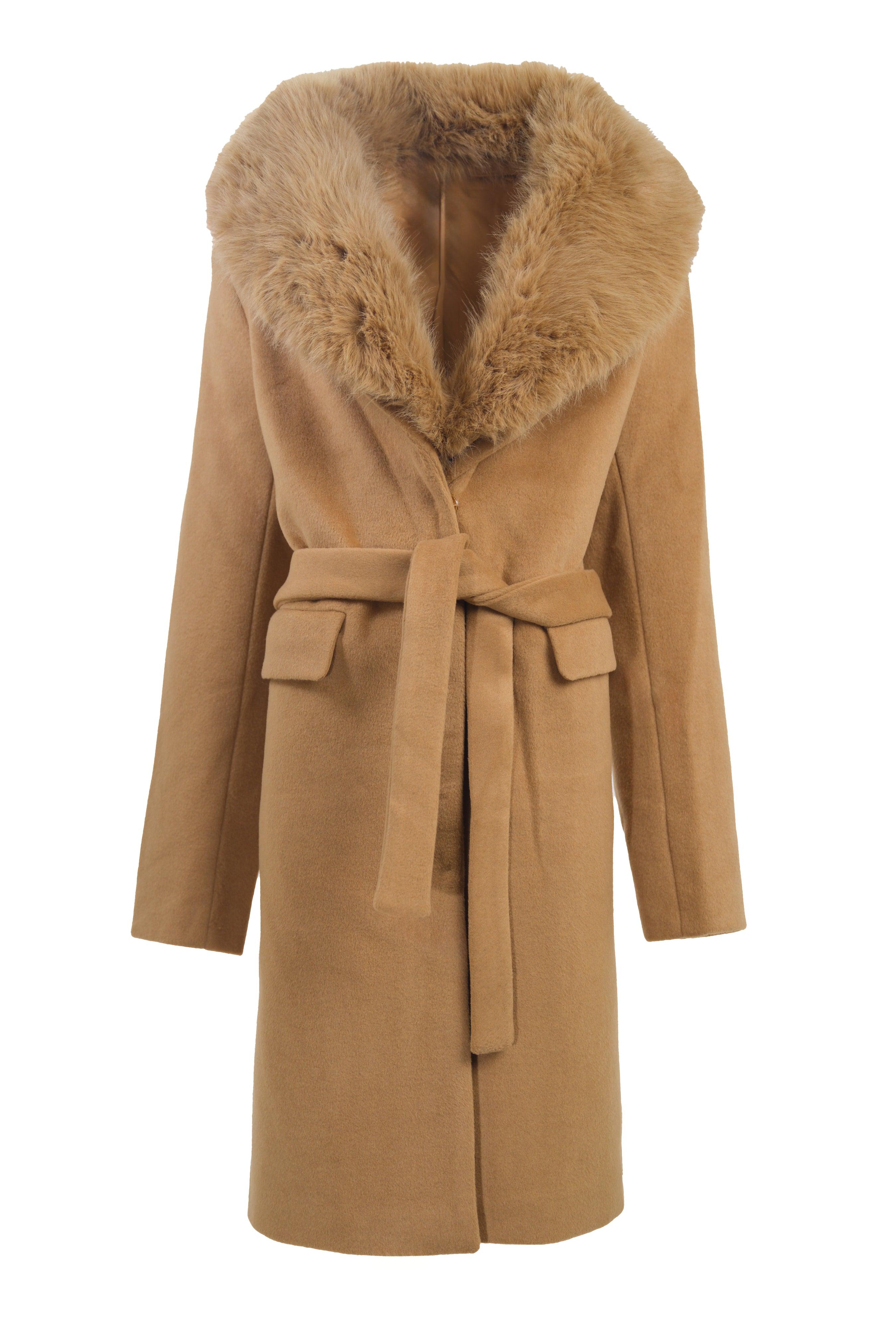 BELTED COAT WITH FUR COLLAR