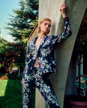 Denim Floral Jacket and Trousers Suit