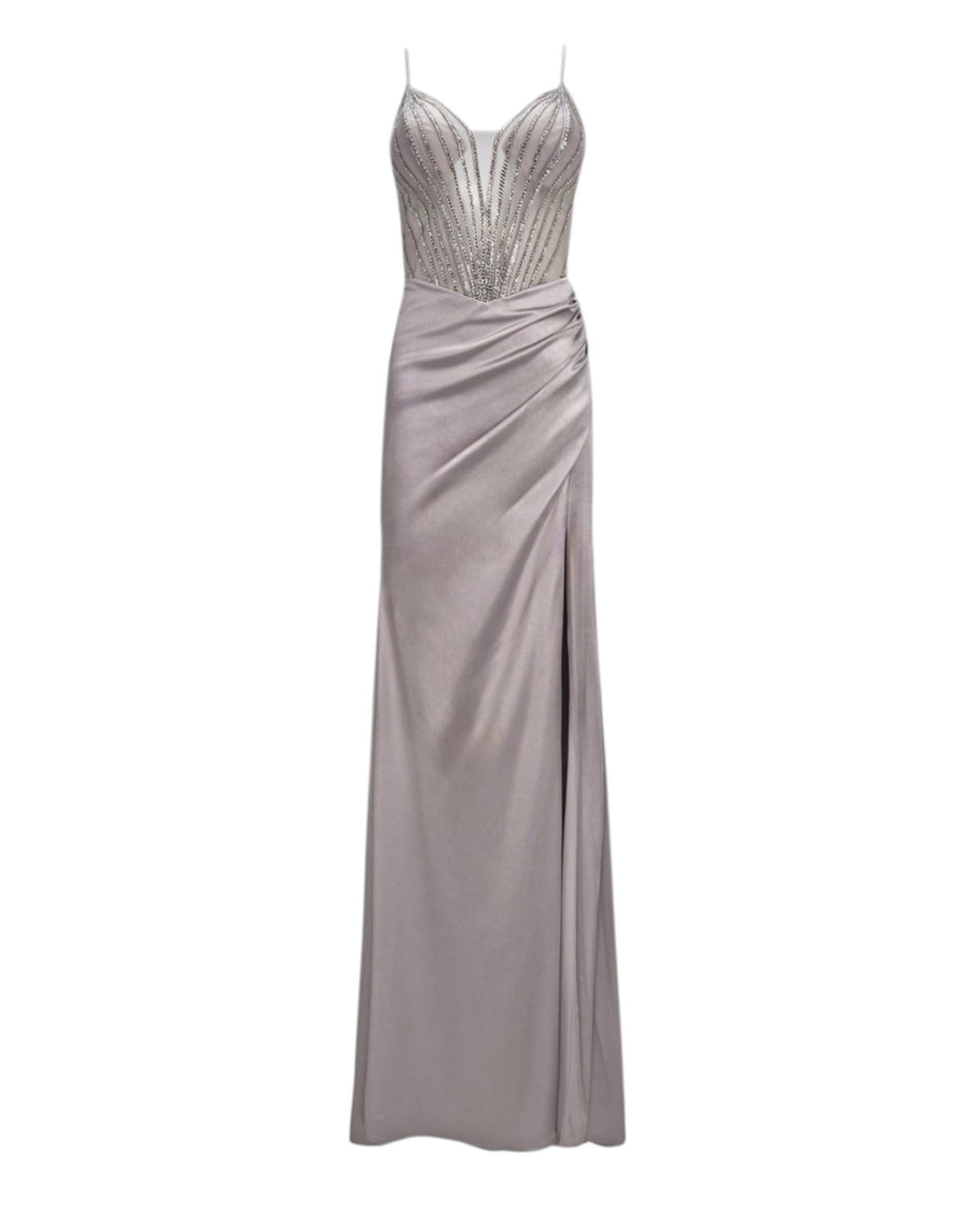 EMBELLISHED DRAPED EVENING GOWN