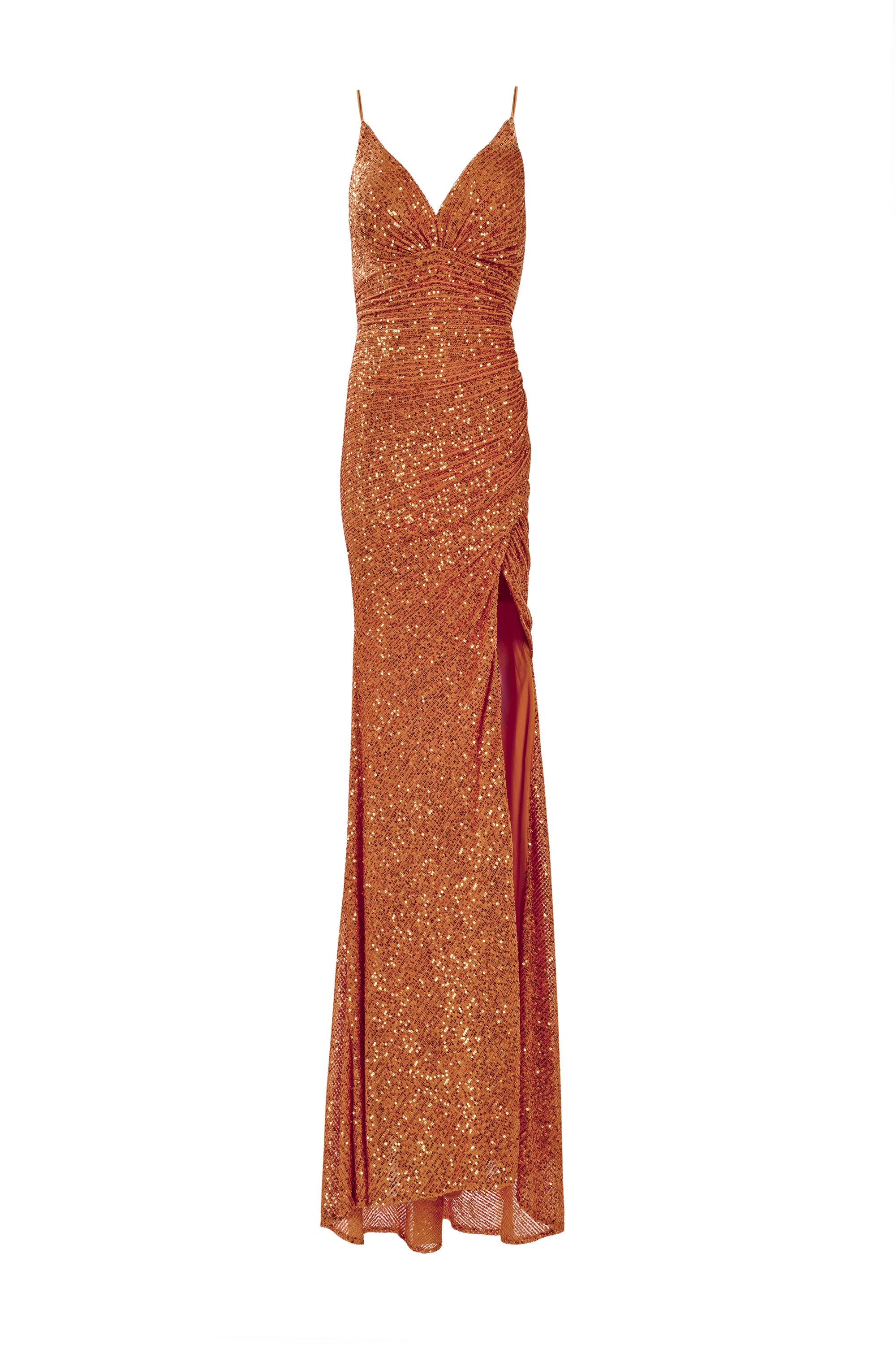 RUCHED SEQUIN SLIT GOWN
