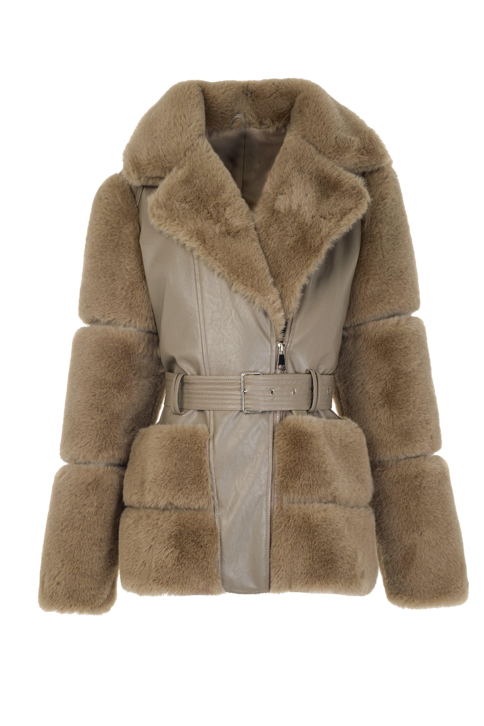 Beige Fur Jacket With Belt