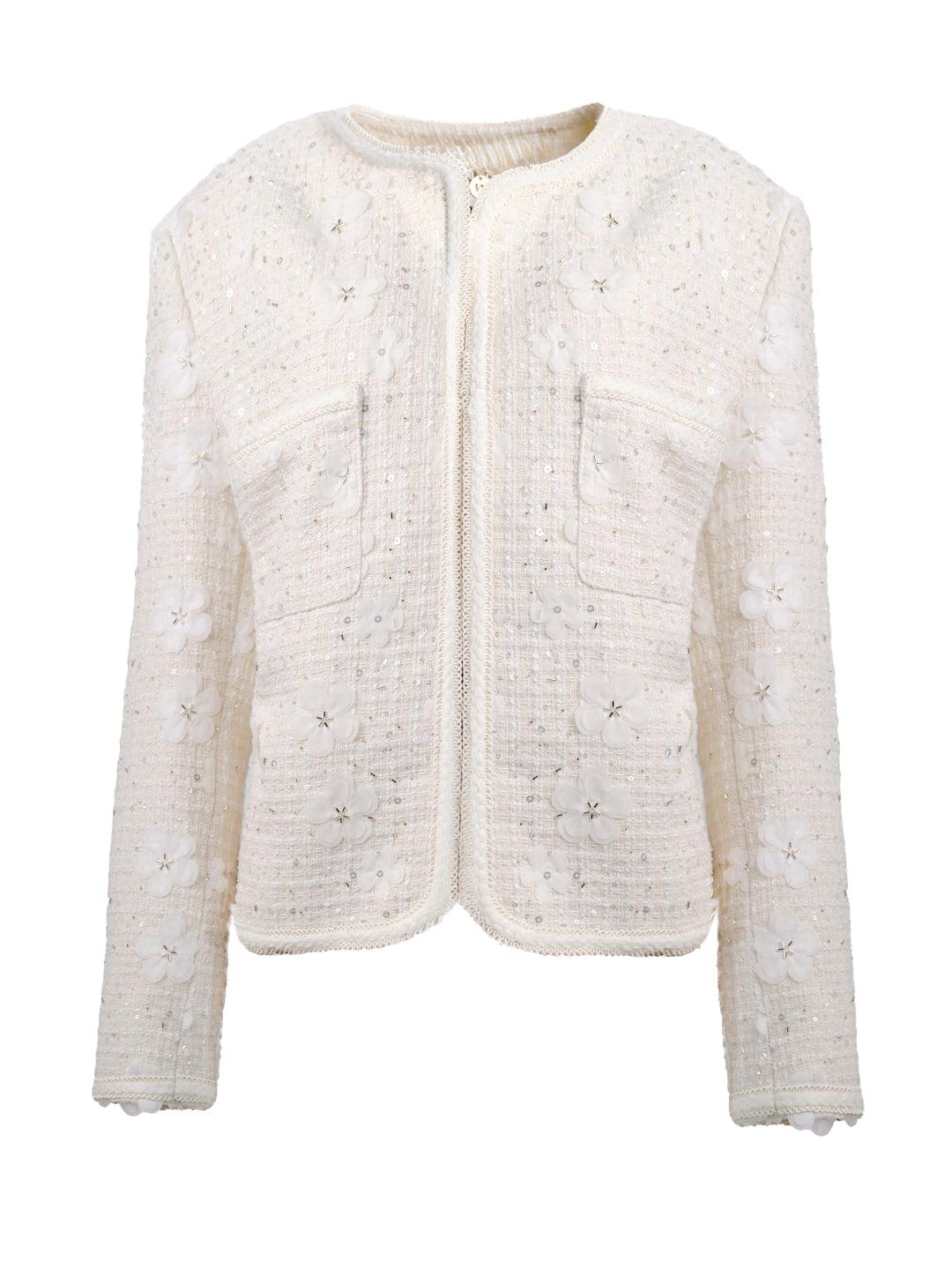 IVORY FLORAL EMBELLISHED TWEED JACKET