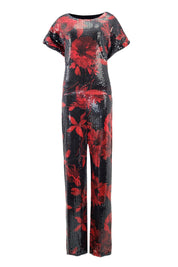 BLACK AND RED FLORAL SEQUIN TOP AND PANTS SET