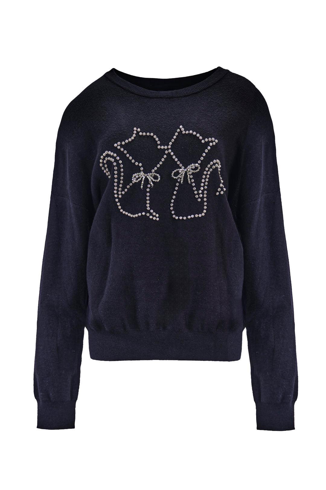 BLACK SWEATER WITH RHINESTONE CAT DESIGN