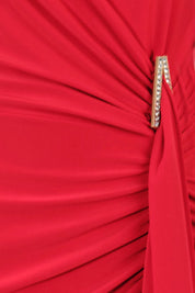 RED DRAPED RUCHED MIDI DRESS