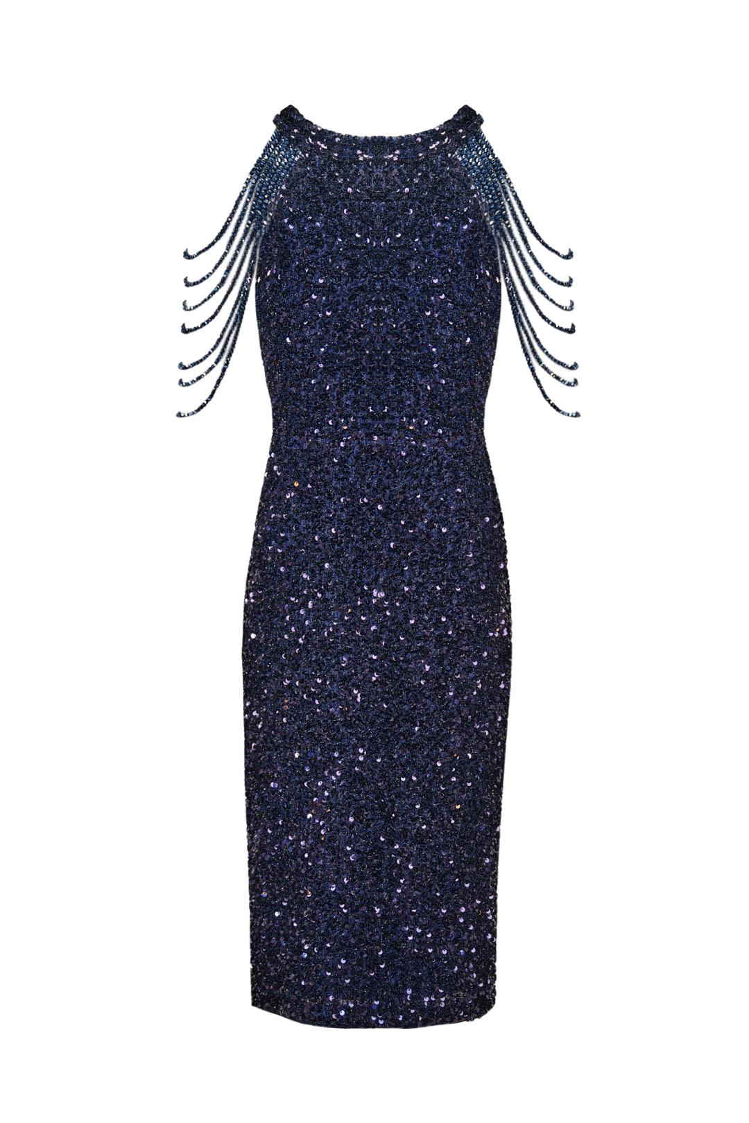 NAVY BEADED FRINGE DRESS