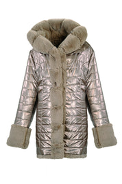 METALLIC HOODED FAUX-FUR TRIMMED JACKET