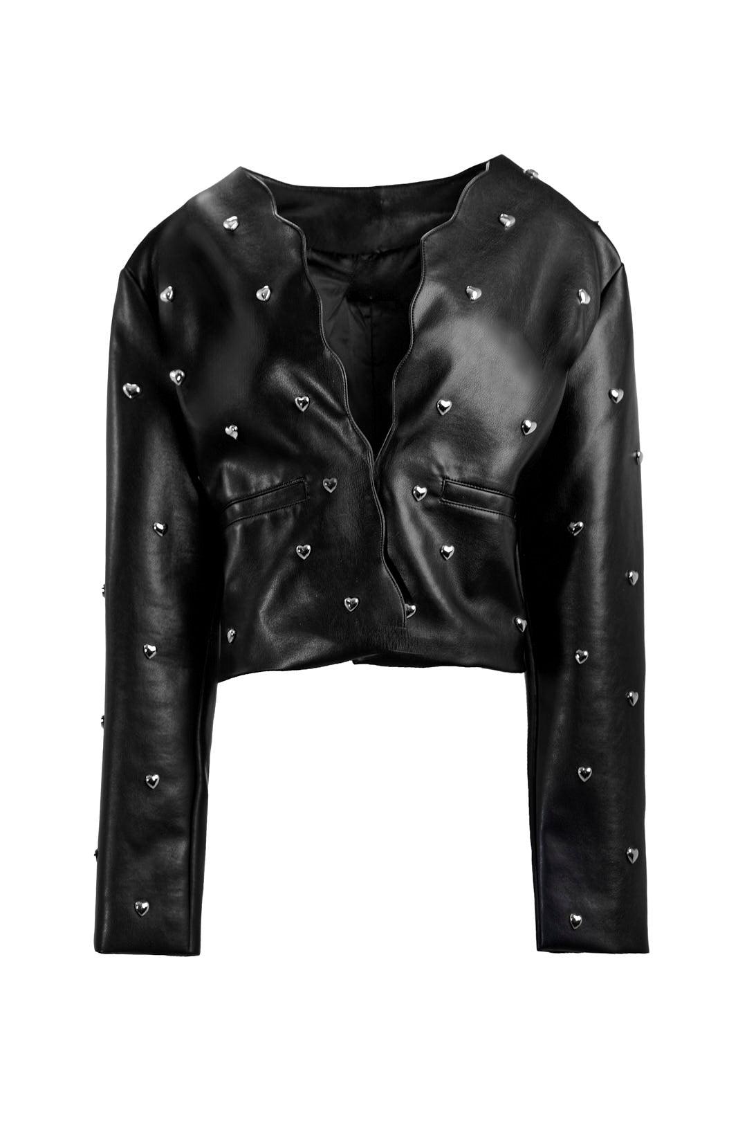 BLACK LEATHER JACKET WITH HEART STUDS