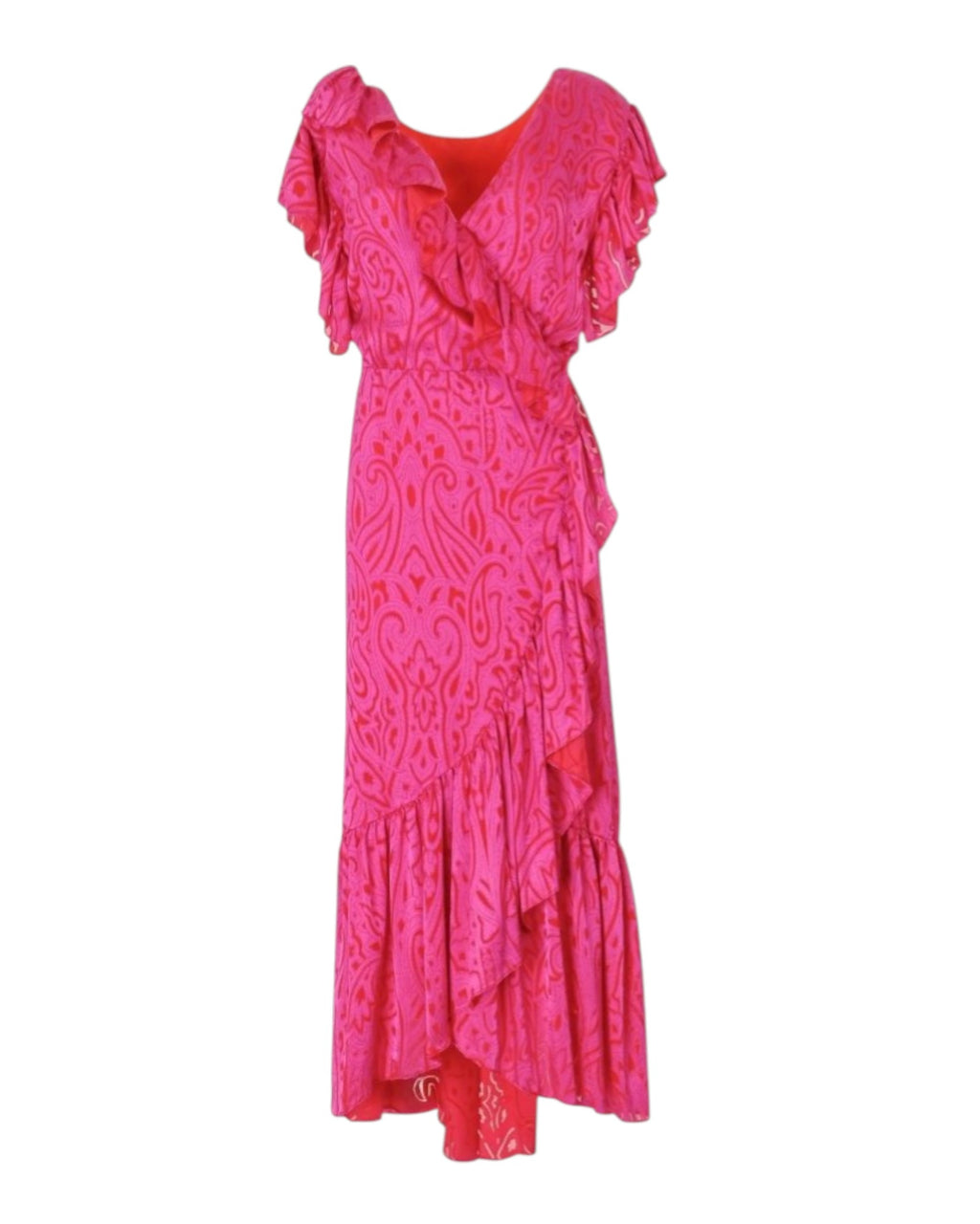 RUFFLE WRAP PRINTED MIDI DRESS
