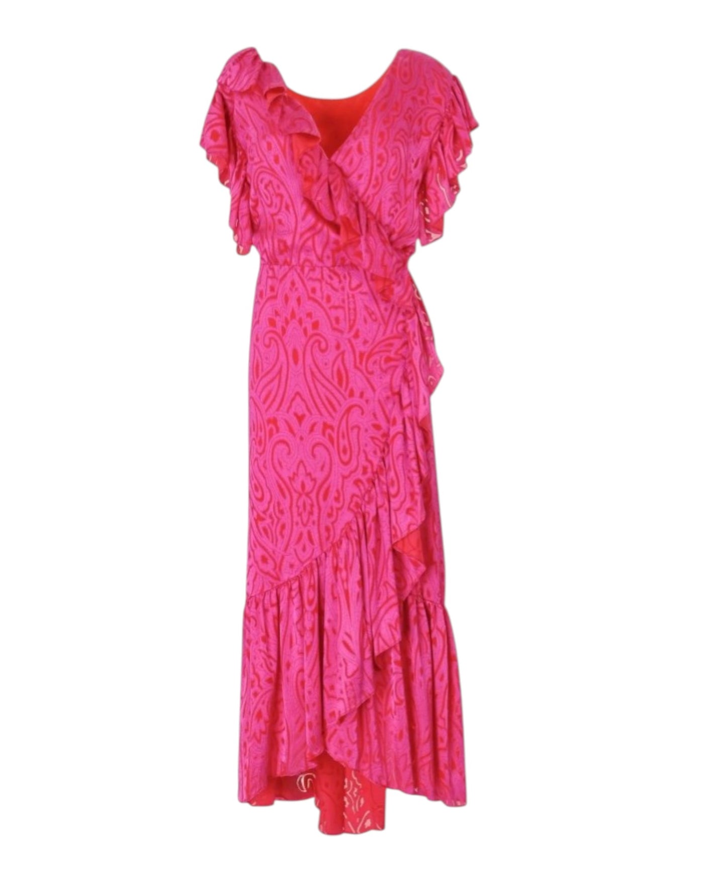 RUFFLE WRAP PRINTED MIDI DRESS