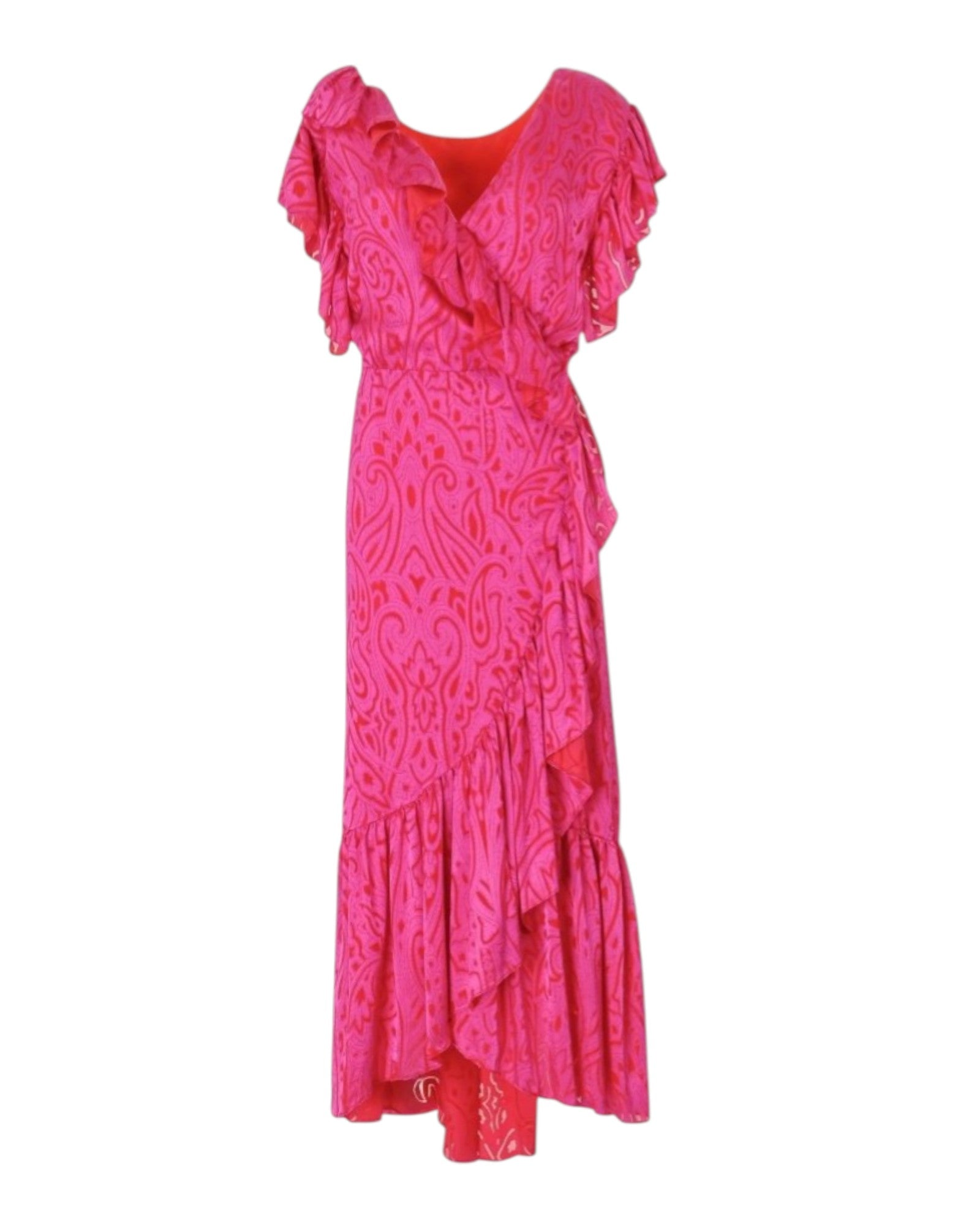 RUFFLE WRAP PRINTED MIDI DRESS