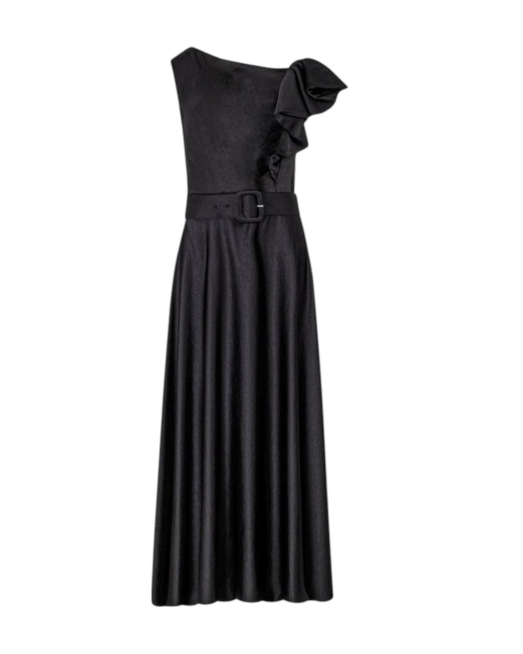 ONE-SHOULDER BELTED RUFFLE DRESS