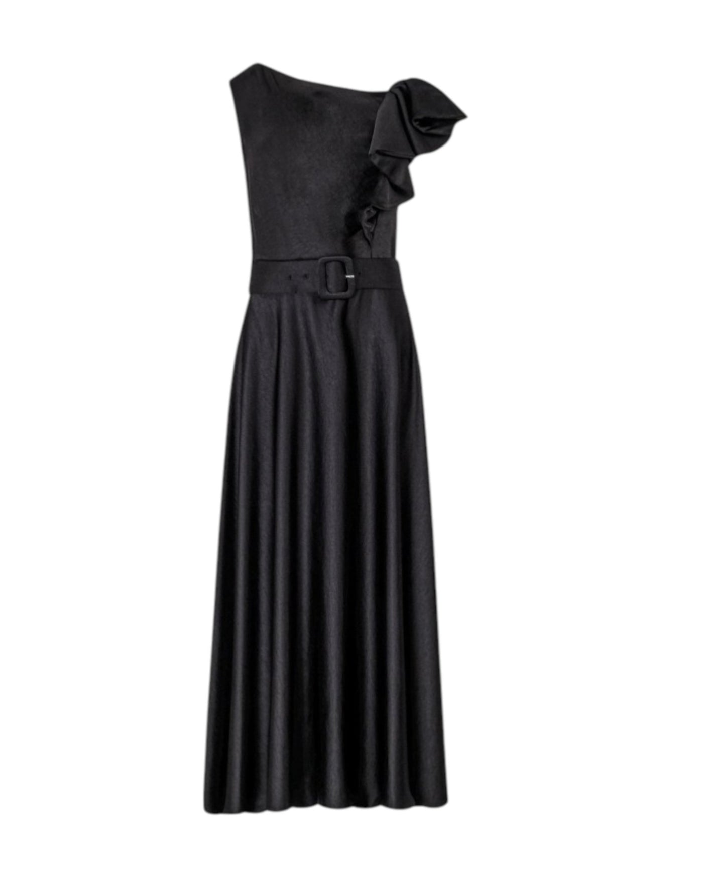 ONE-SHOULDER BELTED RUFFLE DRESS