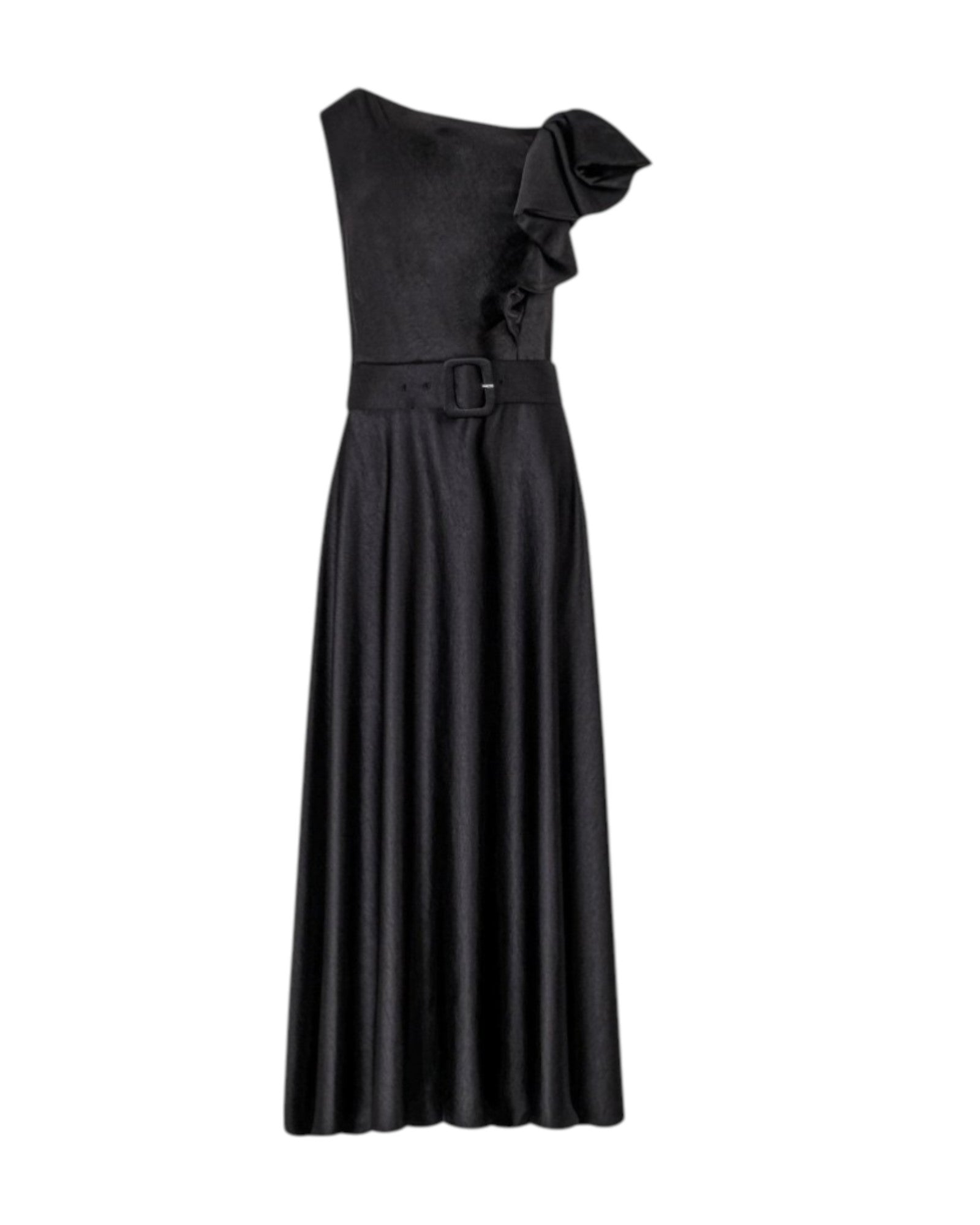 ONE-SHOULDER BELTED RUFFLE DRESS
