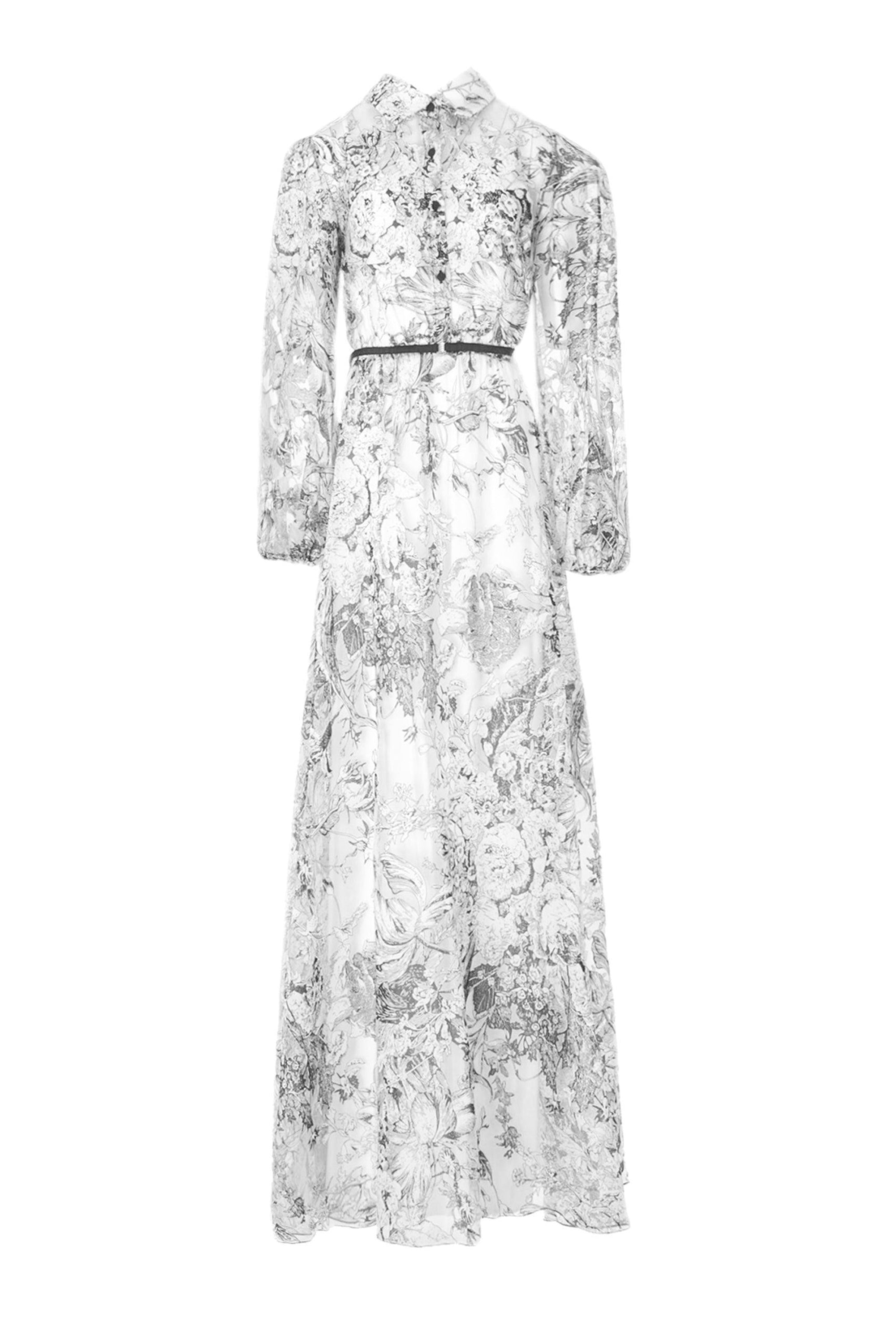 COLLARED SHEER FLORAL MAXI DRESS