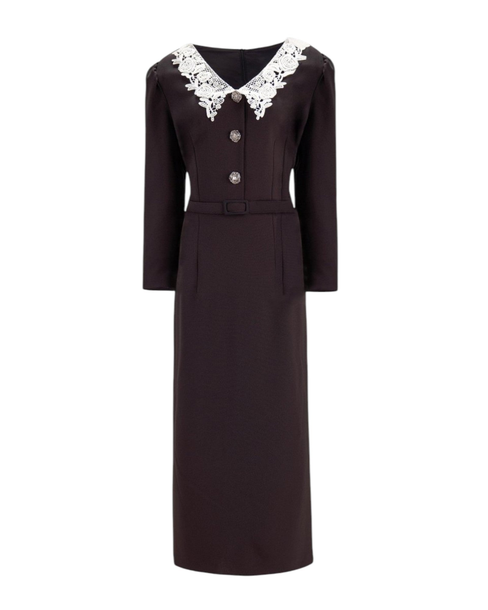 LACE COLLAR MIDI DRESS WITH CRYSTAL BUTTONS