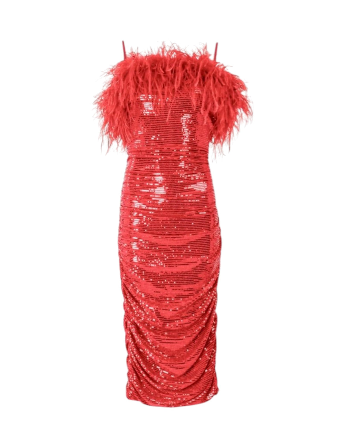 FEATHER TRIM SEQUIN RUCHED DRESS