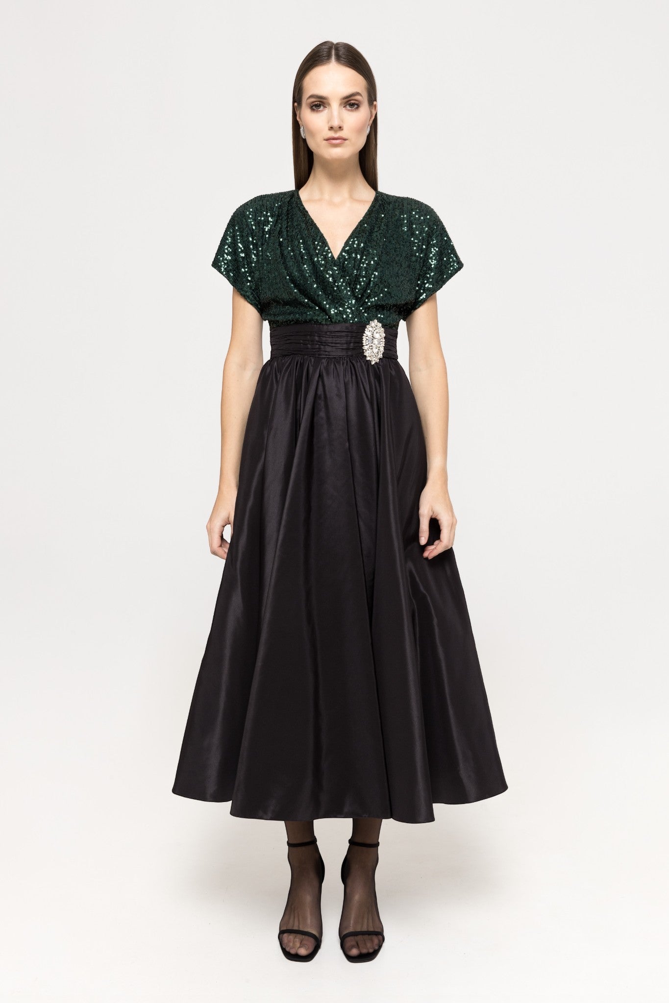 SEQUIN SATIN MIDI DRESS