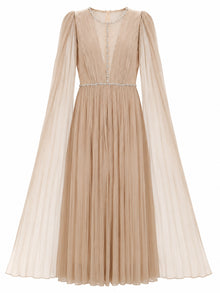CRYSTAL-TRIM PLEATED CAPE SLEEVE GOWN